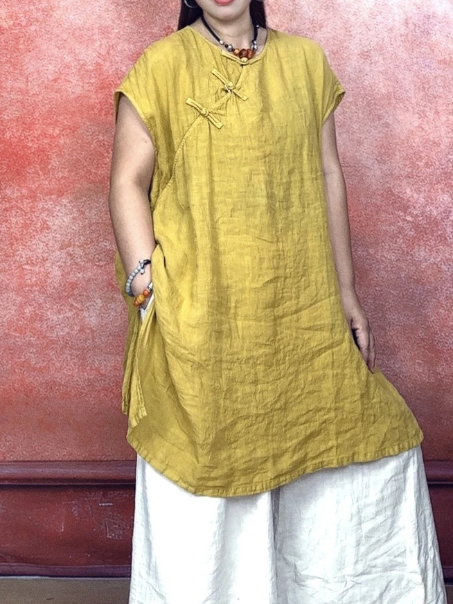 中式亚麻无袖上衣女手工盘扣宽松禅意茶服夏季