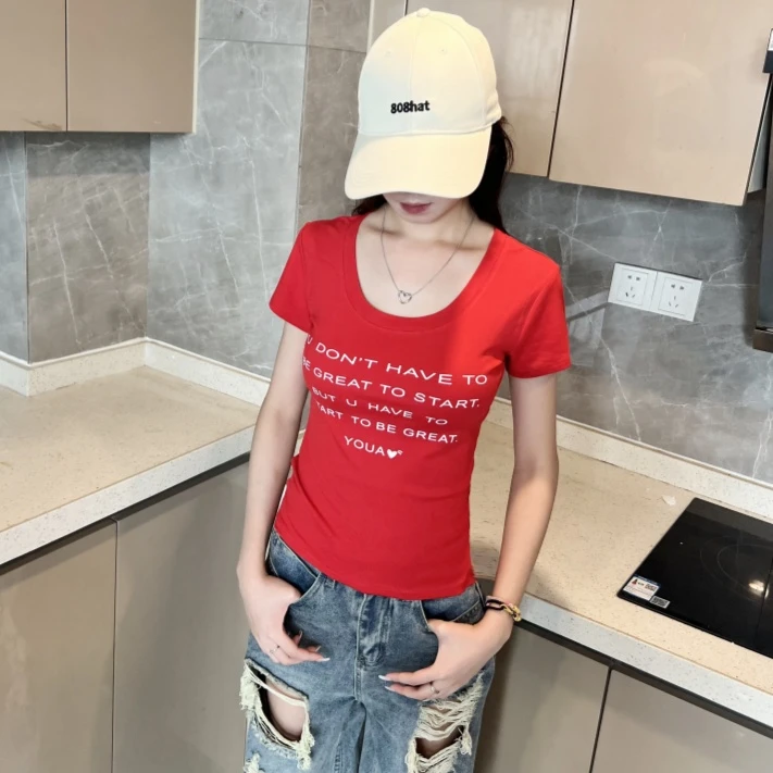 洛凡思复古港风印花字母短袖u领t恤夏季新款修身显瘦百搭圆领上衣