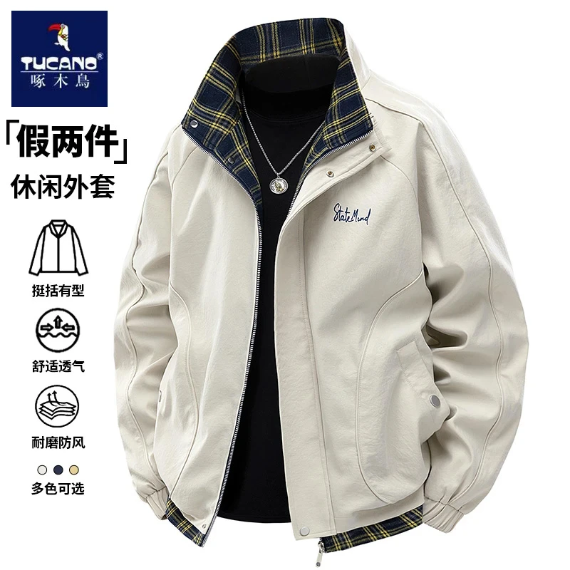 啄木鸟格子拼接假两件外套男士春秋季新款立领夹克休闲棒球服上衣