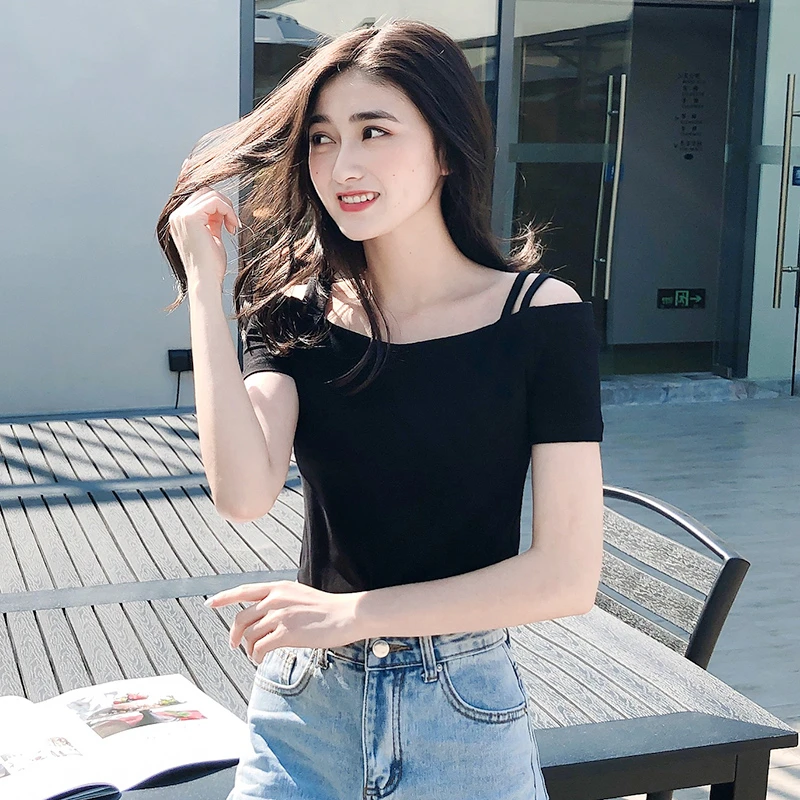 露肩短袖t恤女一字领黑色上衣2025新款夏吊带紧身黑色短袖t恤女