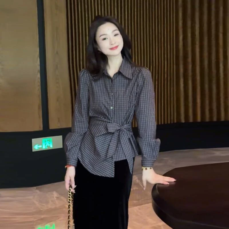 韩系简约系带格子长袖衬衫女2025年春秋新款大码洋气休闲收腰上衣