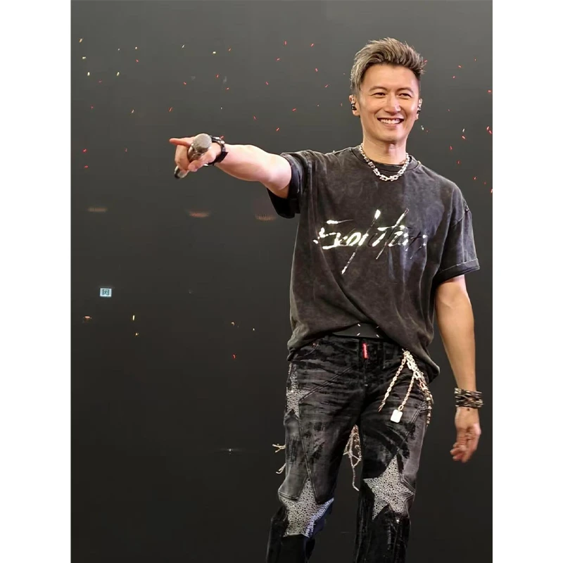 原版EvolutionNicLive谢霆锋演唱会同款水洗复古反光印花宽松t恤