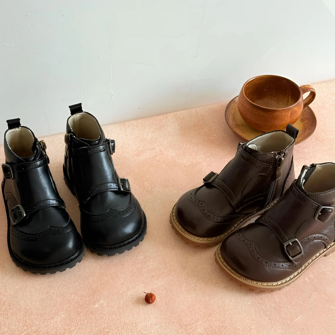 <软到能跳舞>  女童短靴秋冬真皮切尔西加绒马丁靴男童儿童草原靴
