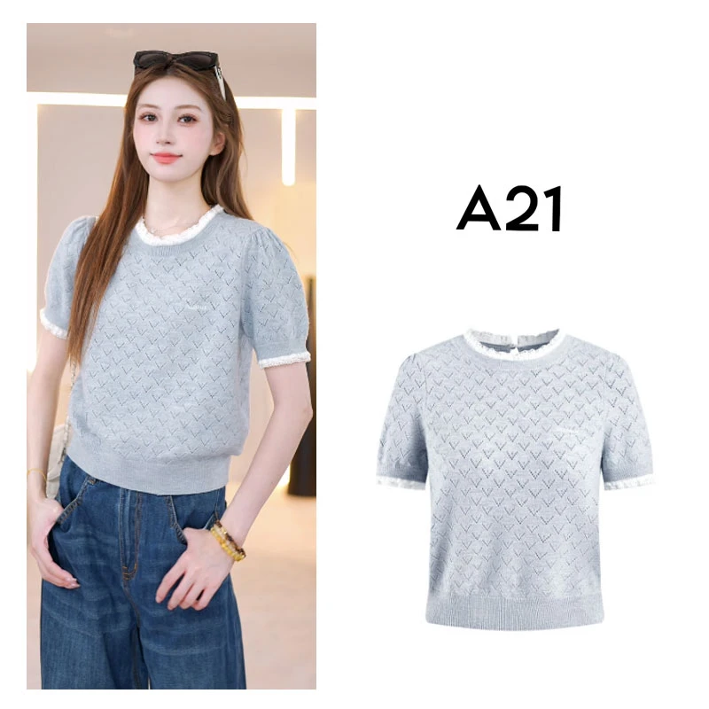 A21女装圆领套头蕾丝花边短袖毛衫上衣F451243023