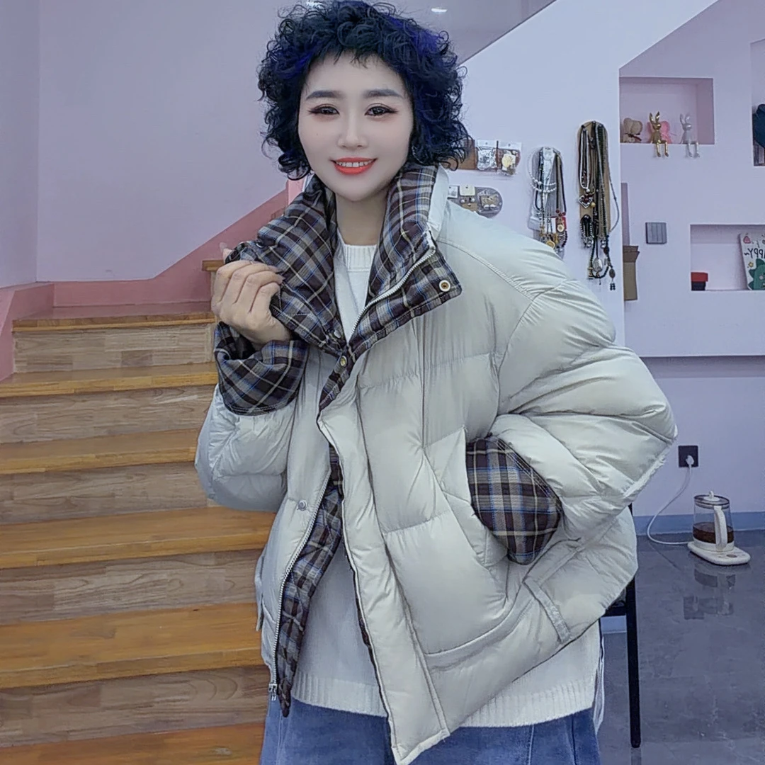 冬季格子宽松拼接羽绒服休闲短款韩版保暖