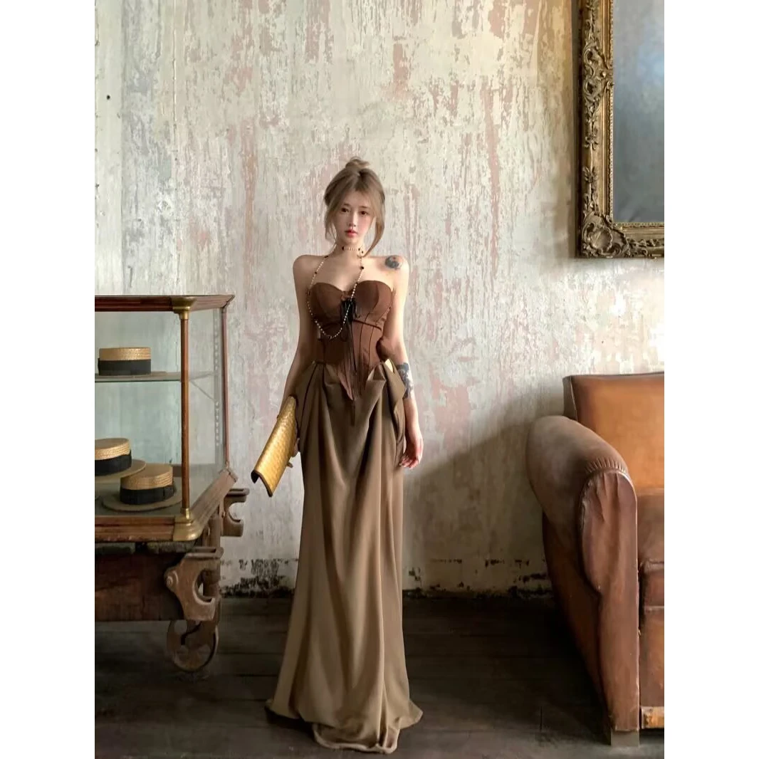 轻奢小众复古拼接假两件美背抹胸连衣裙纯欲裙子设计感a字长裙