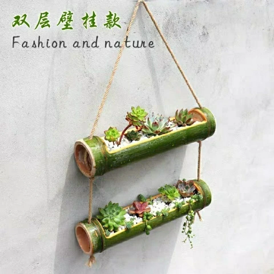 简约壁挂竹筒花盆创意木头吊兰多肉悬挂式阳台装饰墙挂花草架子
