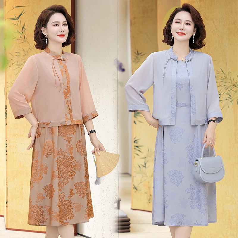 法式薄款中老年女装连衣裙中长裙半身裙中国风汉服女装时尚