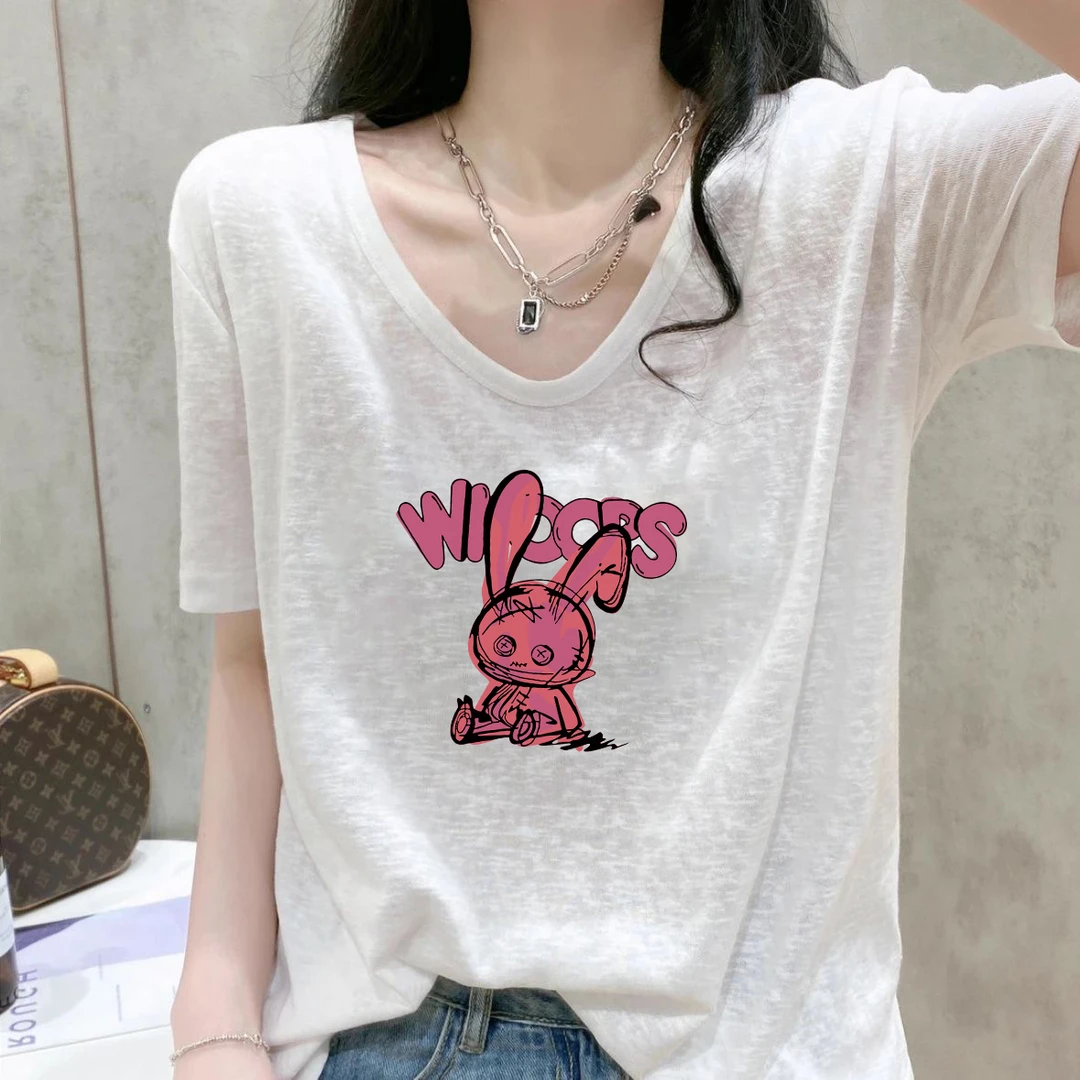 洋气时尚V领显瘦短袖纯色宽松女士卡通印花雪花棉薄款T恤白色打底