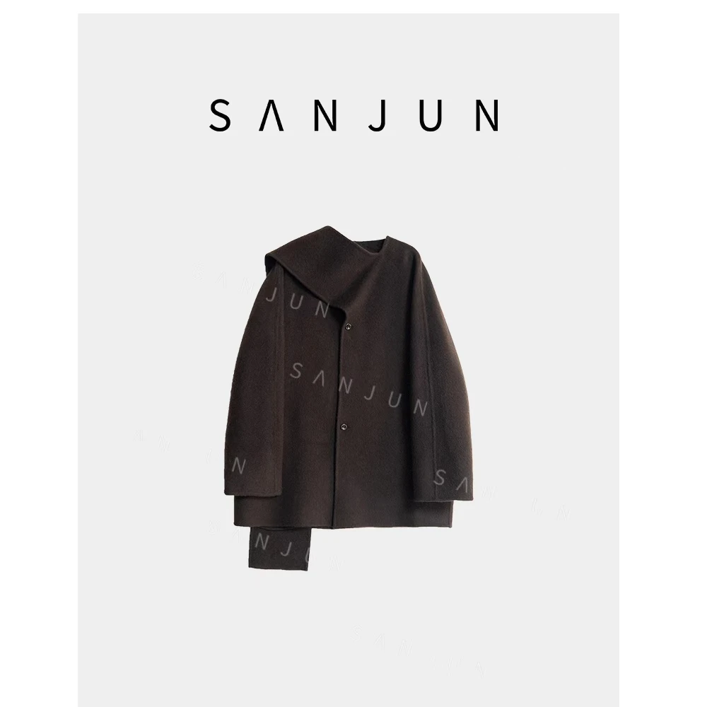 SANJUN 高端定制 羊毛短款一体围巾双面呢外套  25H 227