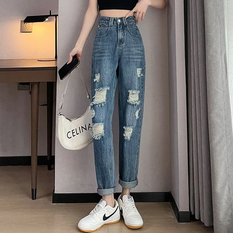 美式复古破洞哈伦牛仔裤女2025新款高腰宽松显瘦乞丐老爹裤子
