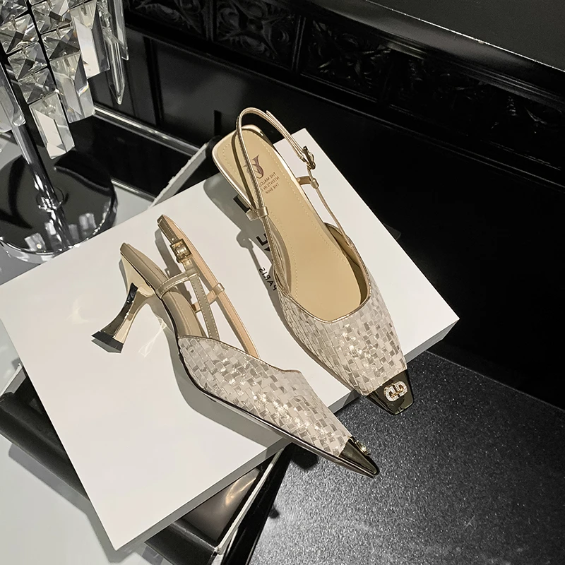 轻奢风~法式气质百搭金属方头浅口高跟鞋女春夏编织夏季细跟凉鞋