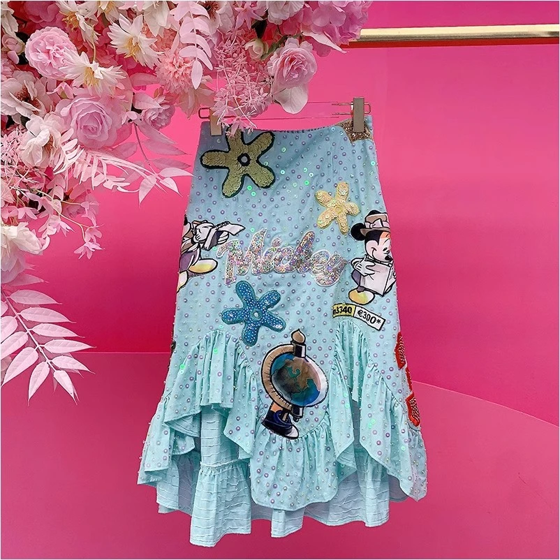 X21941泰国潮牌2025夏季新款重工刺绣亮片不规则荷叶边鱼尾半身裙