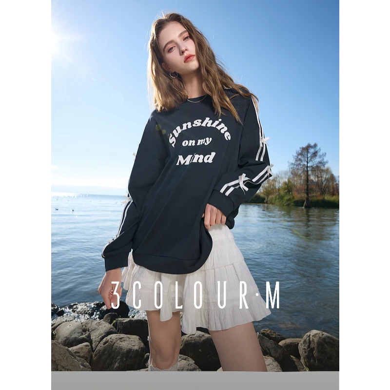 三彩2025春季新款复古印花蝴蝶结卫衣套头圆领宽松慵懒风上衣女M