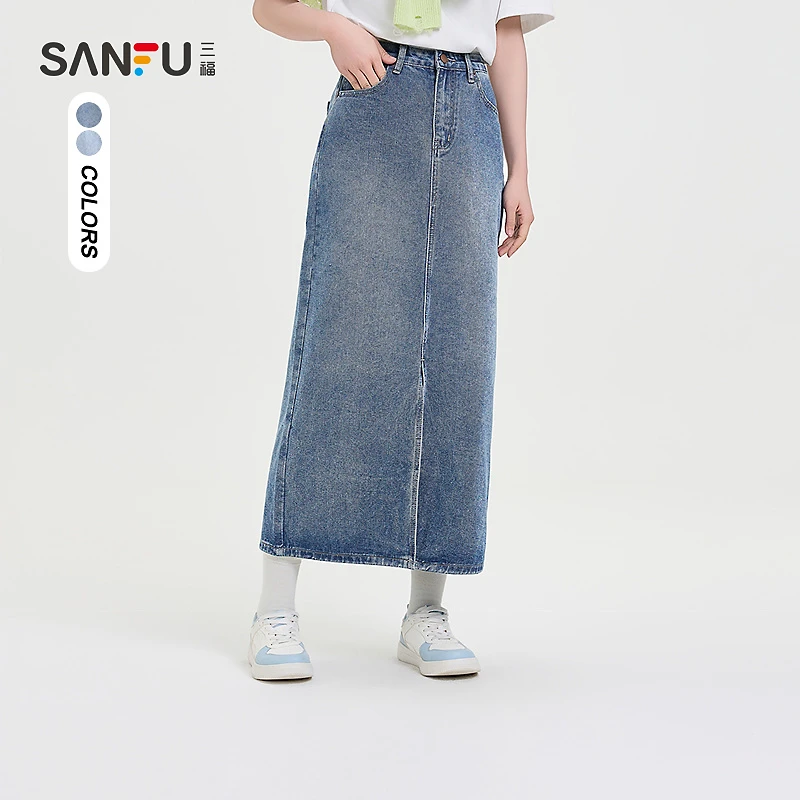 三福长裙2025夏季简约牛仔开叉设计优雅半身裙女装500518开叉半裙