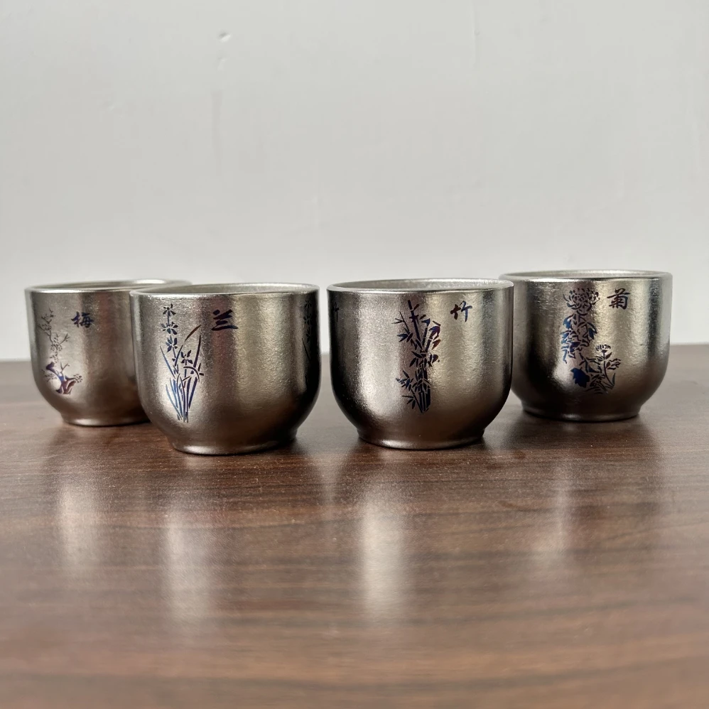 [厂家直销]纯钛小茶杯梅兰竹菊双层防烫100ml主人杯品茗杯