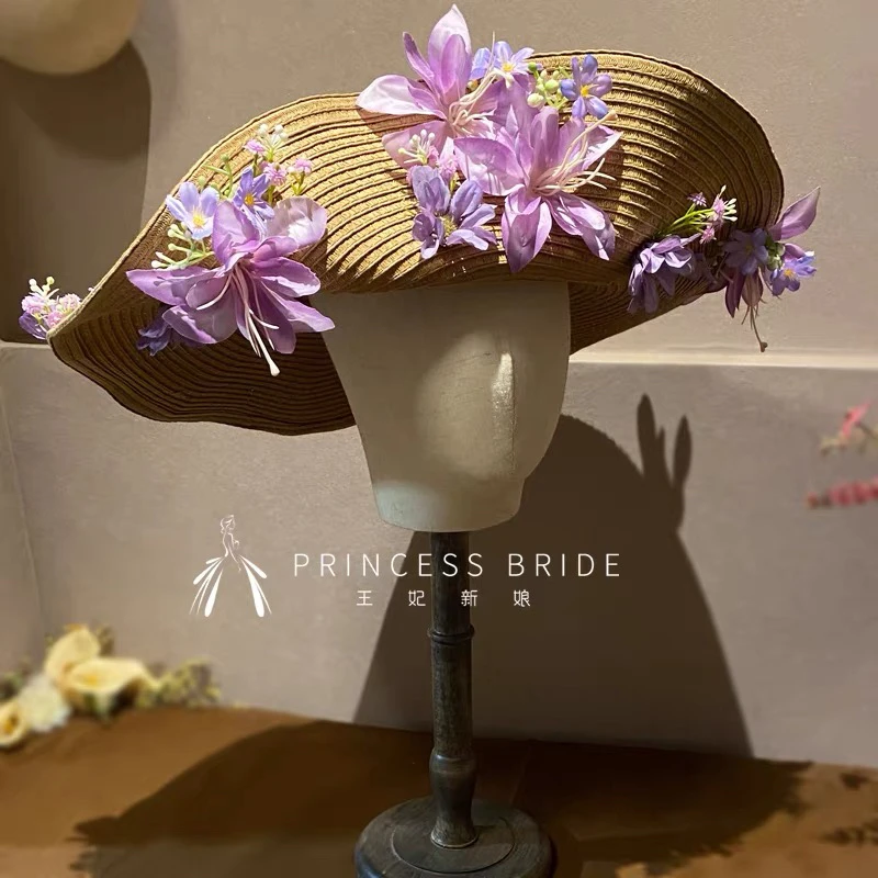 新品原创唯美浪漫婚礼紫色花花礼帽海边度假外景样片旅拍造型帽子