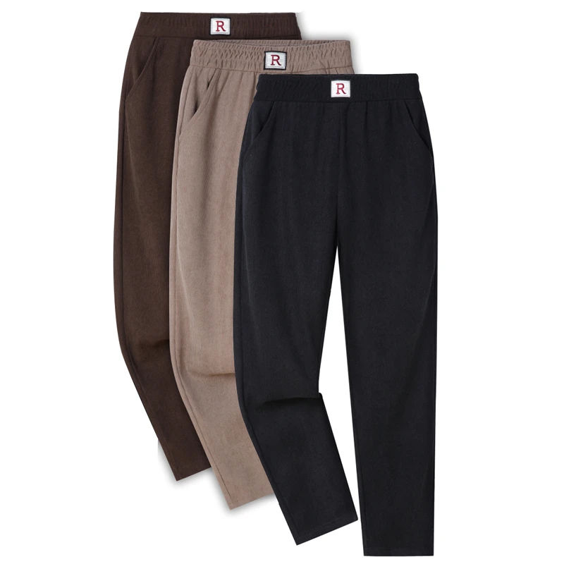 春季妈妈裤子松紧腰弹力宽松休闲裤条绒中老年女裤春装小直筒裤子