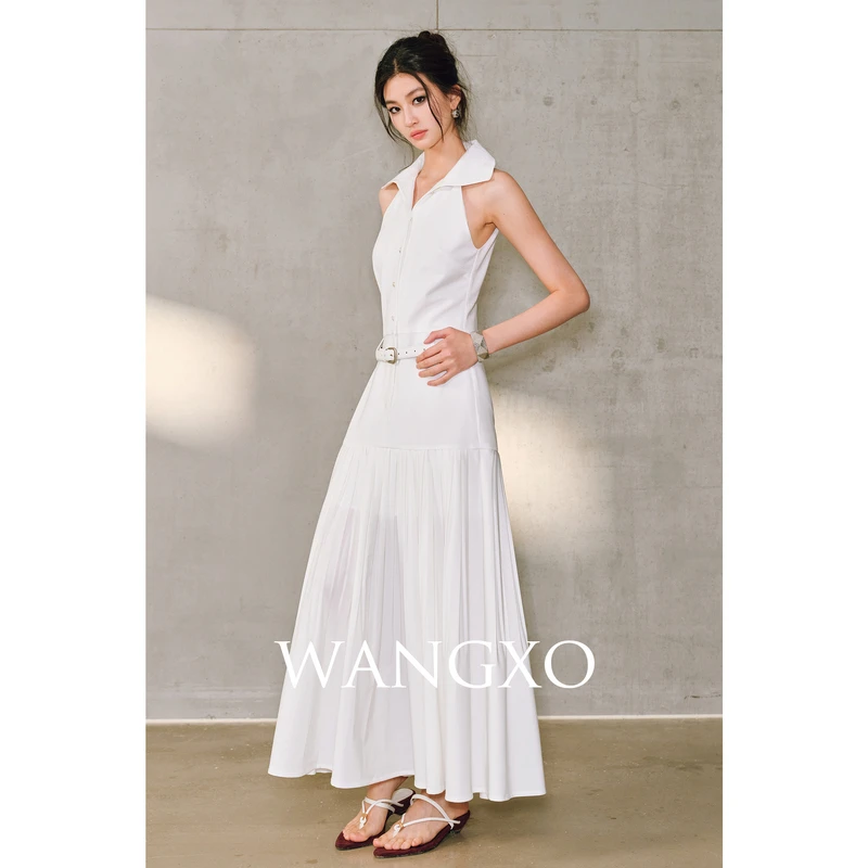 WANGXO  仿牛仔翻领压褶假两件连衣裙253269W