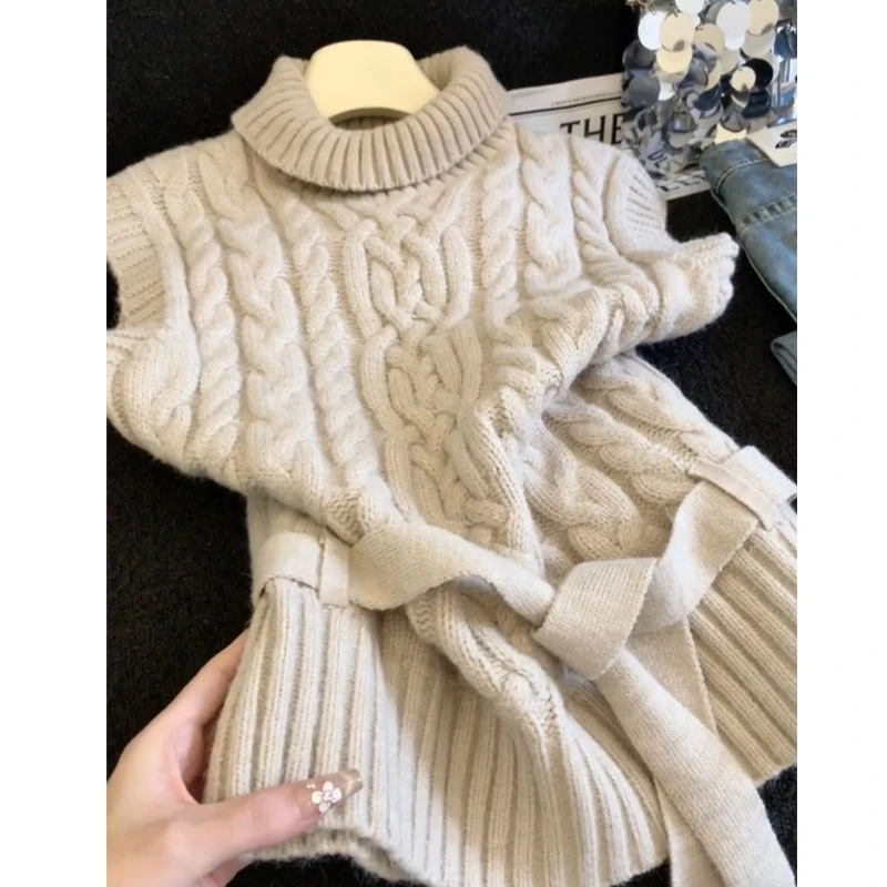 软糯麻花高领针织背心女2025秋冬款叠穿高级感马夹无袖绑带上衣