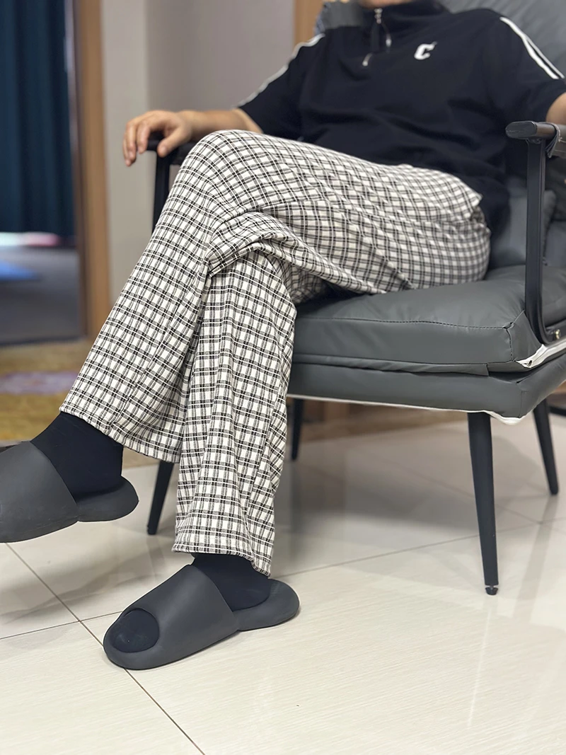 松陵格秋冬季家居裤长裤德绒口袋款格纹家居裤保暖直筒裤可外穿