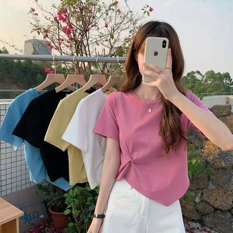 机韩版短袖上衣t恤短款甜辣不规则打底女设计感半袖小心高腰小众
