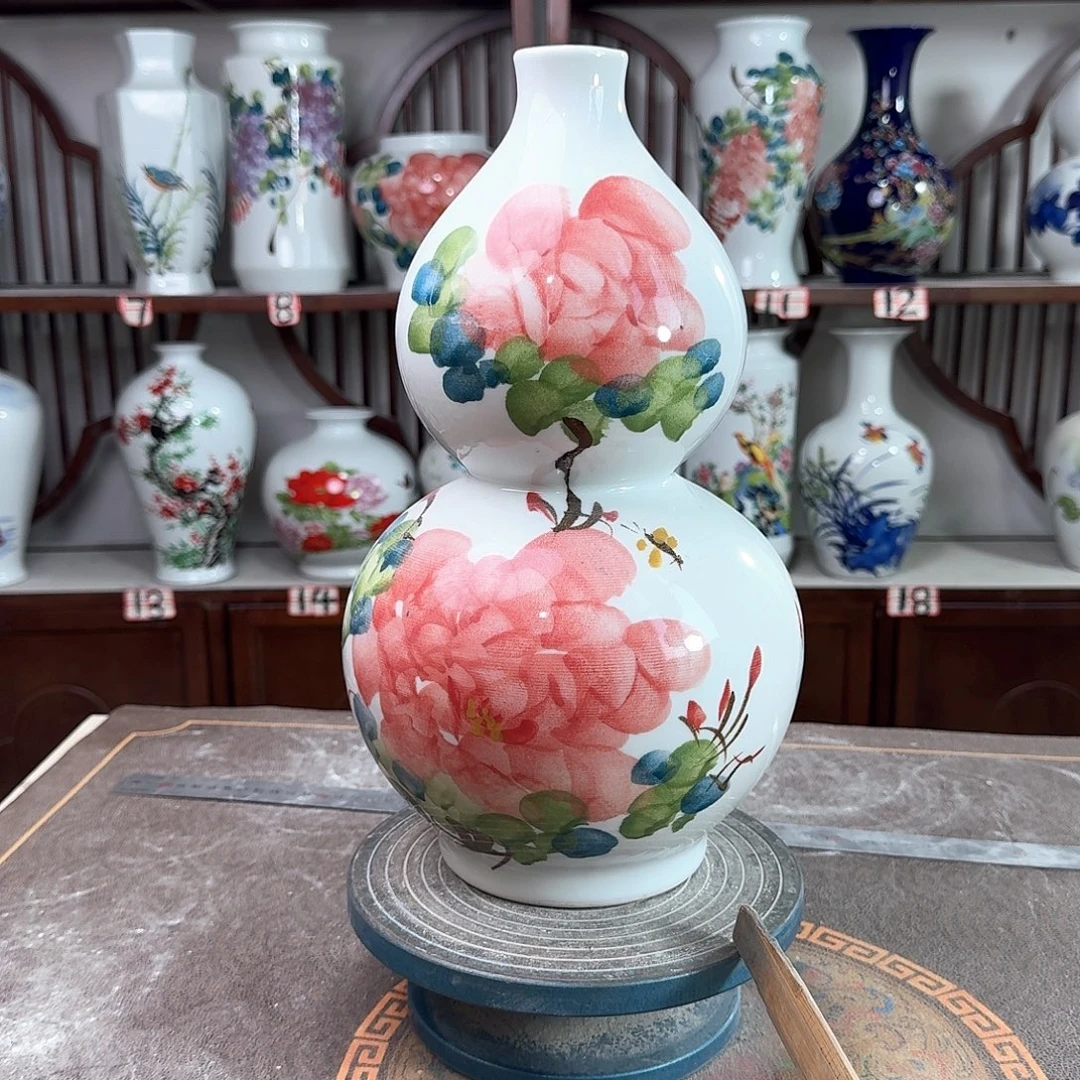 摆件陶景德镇陶瓷葫红牡花