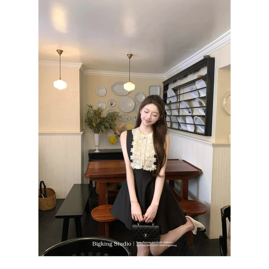 法式露思同款miu系千金蕾丝娃娃领连衣裙法式无袖小黑裙生日裙子