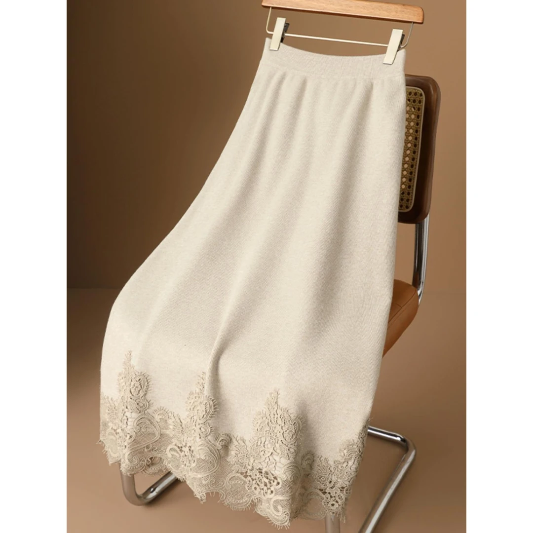 老钱风针织半身裙女秋冬中式气质国风蕾丝直筒包臀裙显瘦高腰百搭