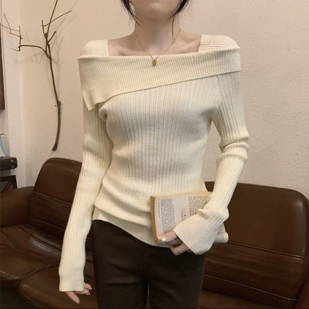 一字肩针织衫女秋冬新款长袖内搭设计感修身显瘦气质上衣#3050
