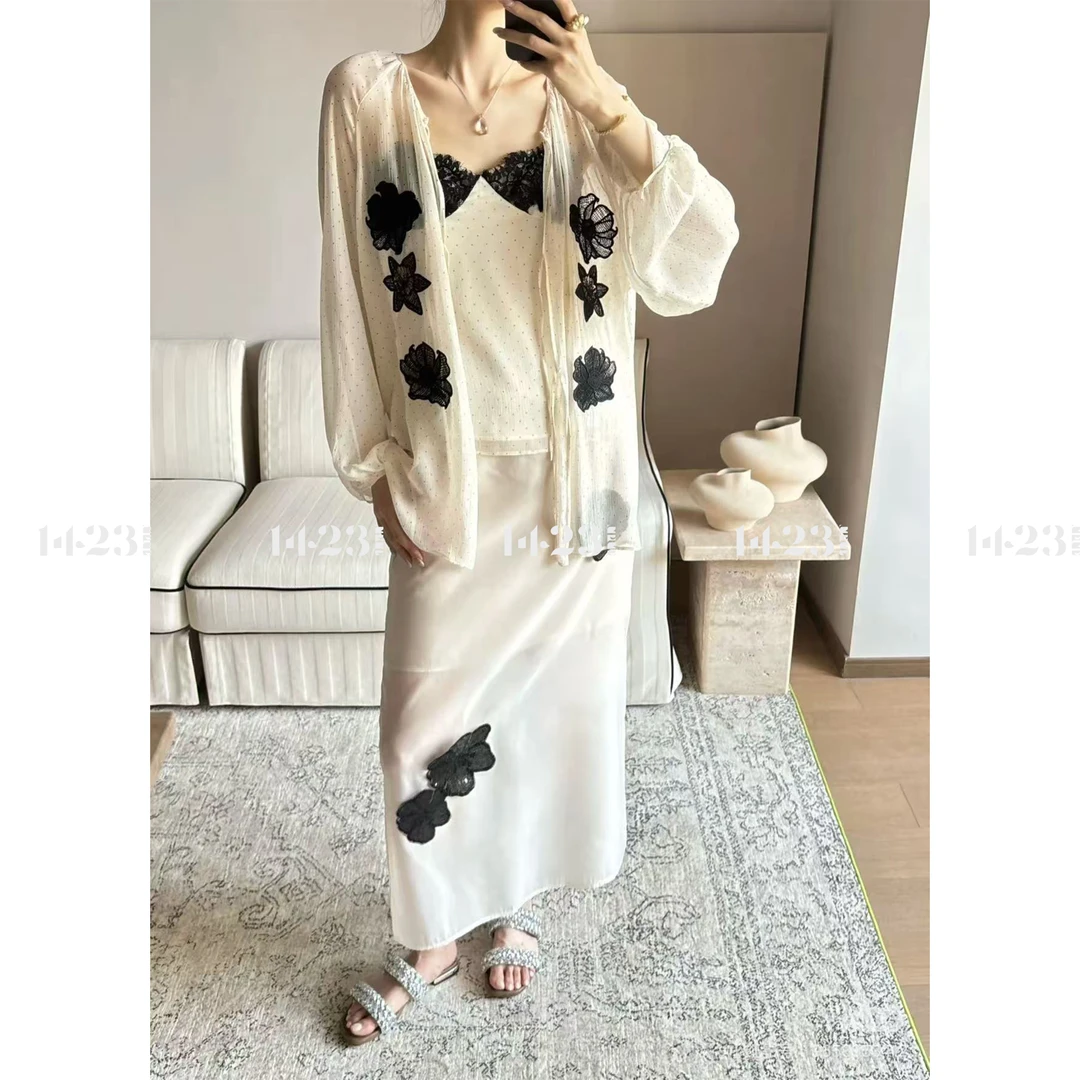 1423【幻影蝶梦】薄款花卉刺绣长袖空调外搭小衫&蕾丝拼接吊带&半裙