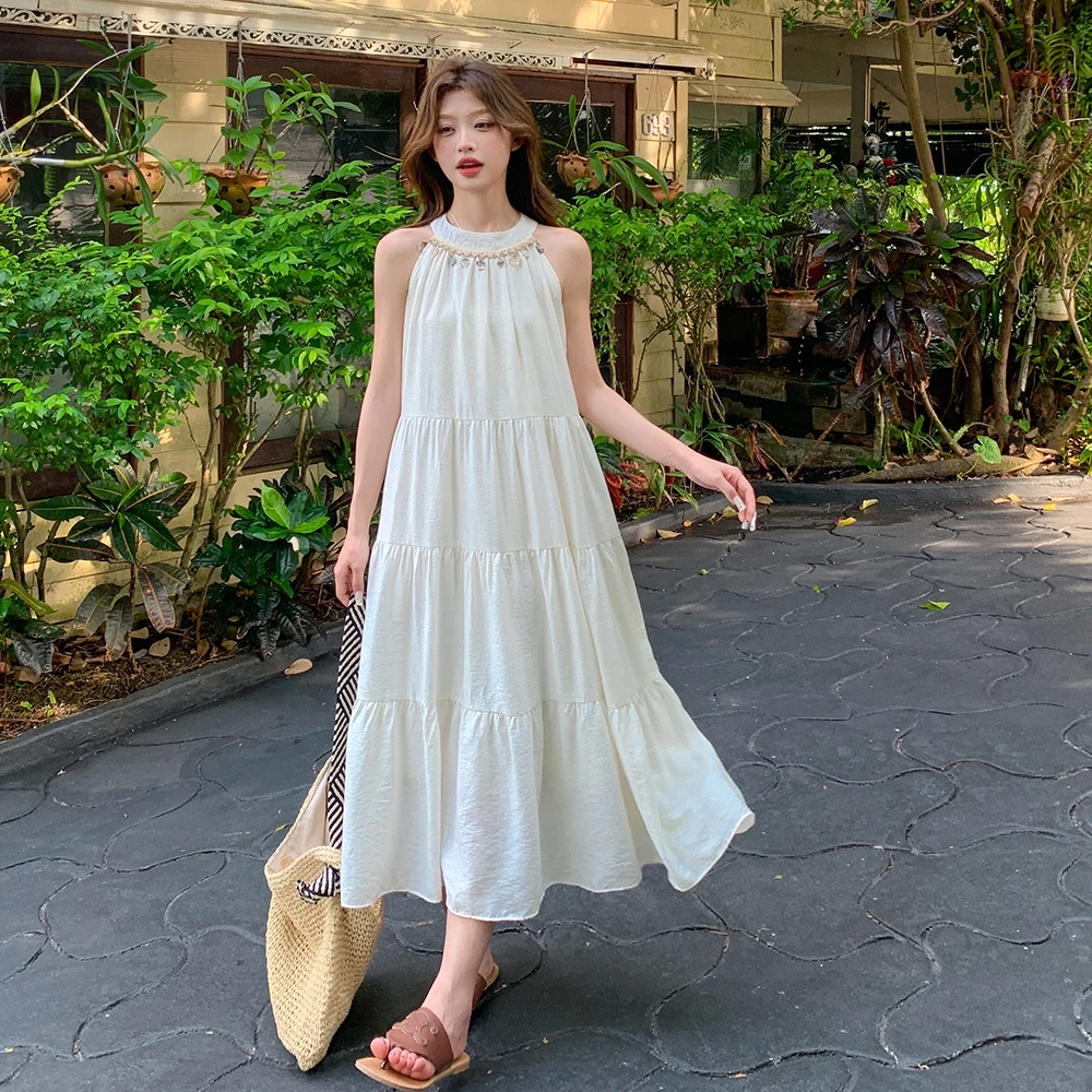 1251-1260 长裙夏季挂脖法式绿挂脖连衣裙(非主图款）