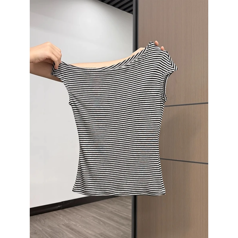 甜辣妹斜肩条纹撞色短袖T恤女2025夏季新款修身显瘦短款纯欲上衣