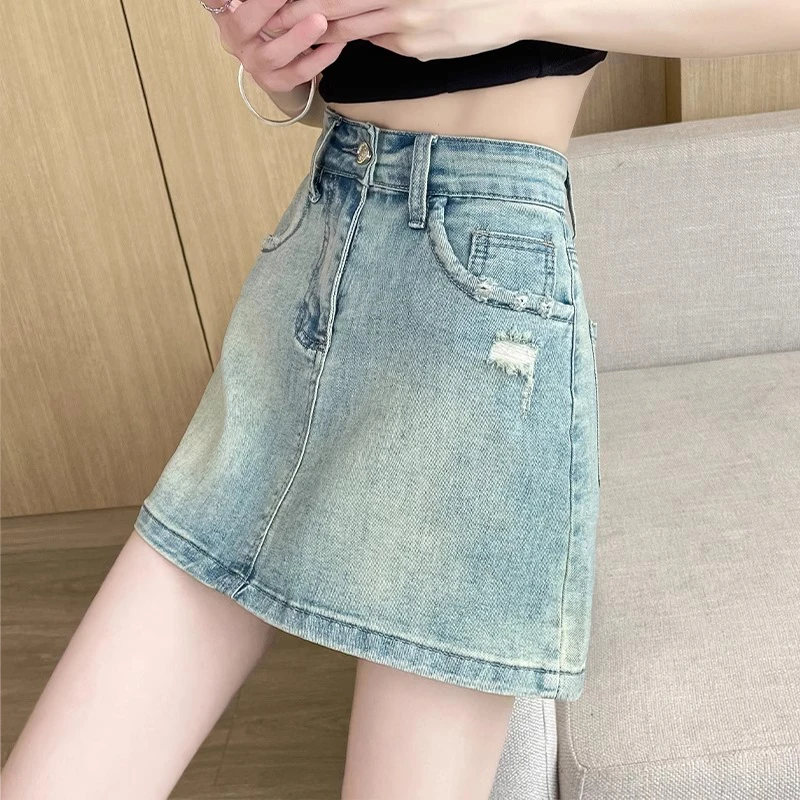2025年新款大码高腰牛仔半身裙女胖妹妹防走光破洞显瘦a字短裙夏