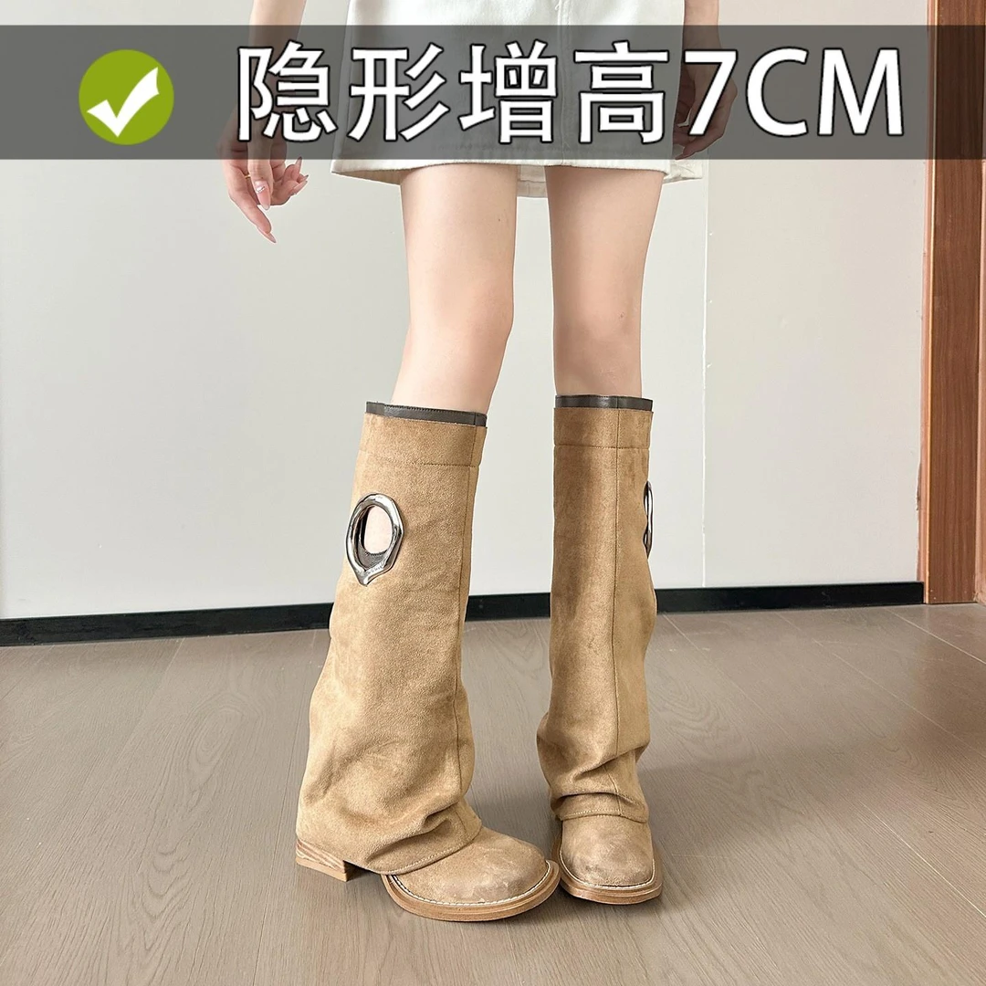 孟子义同款覆古增高西部牛仔靴百搭粗跟裤管靴小众设计胖mm长筒靴