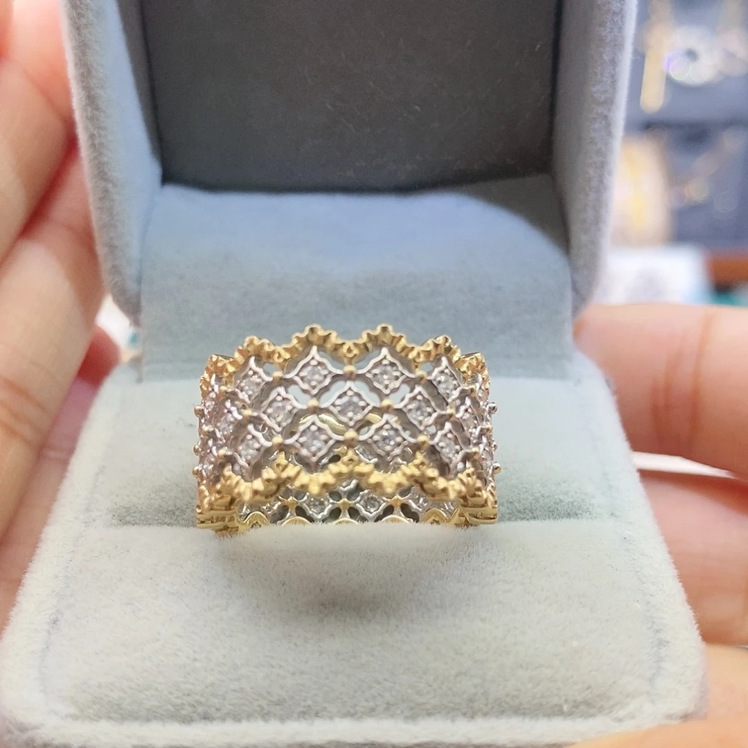 戒指/指环18K金镶嵌钻石黄白双色镂空三层戒指