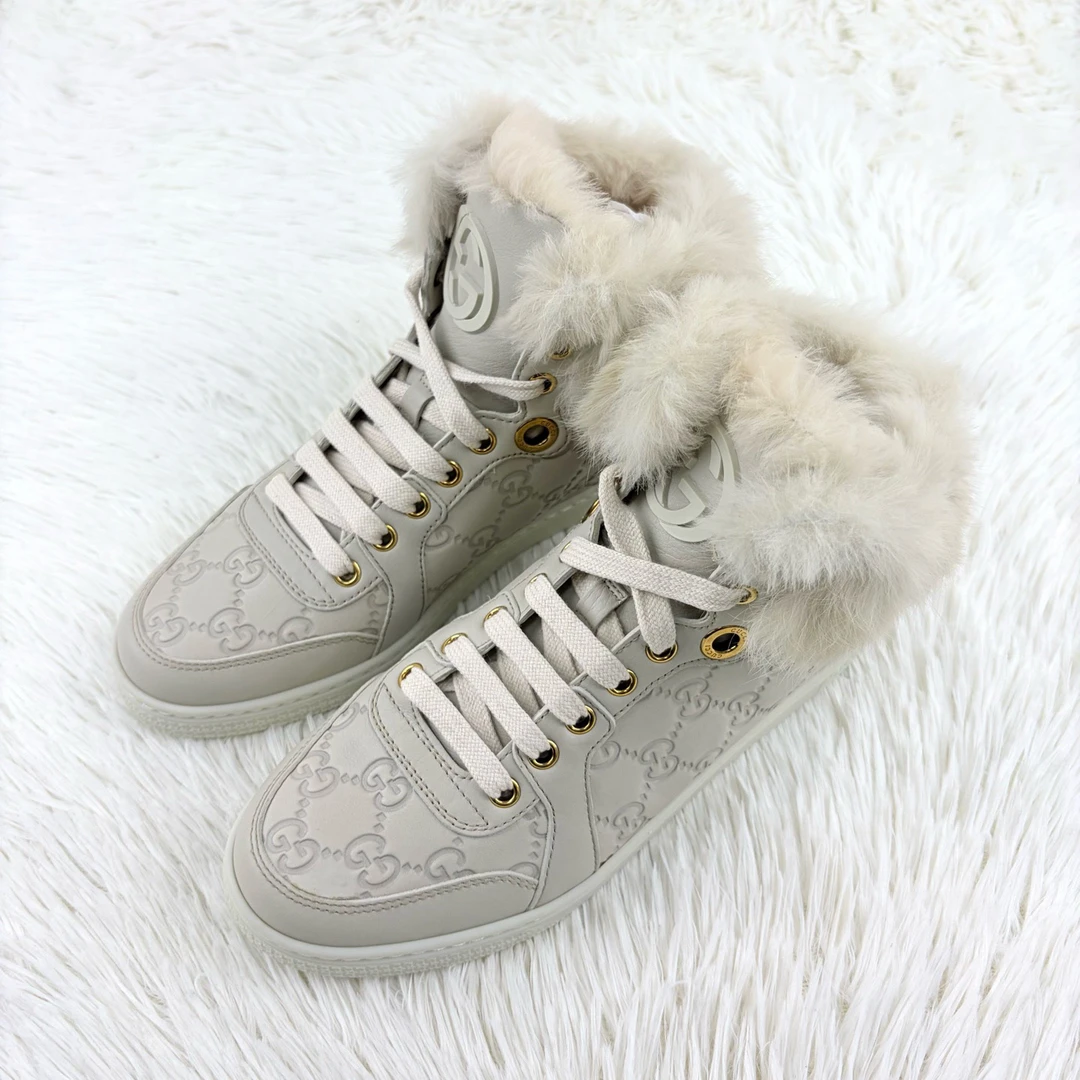 未使用 GUCCI/古驰 米色双G印花高帮兔毛板鞋36码 咩