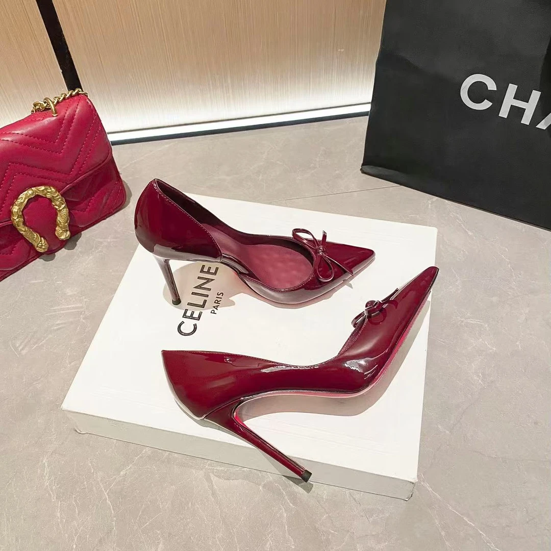 【里外全羊皮】红色尖头高跟鞋女2025年春夏新款细跟浅口蝴蝶结单鞋