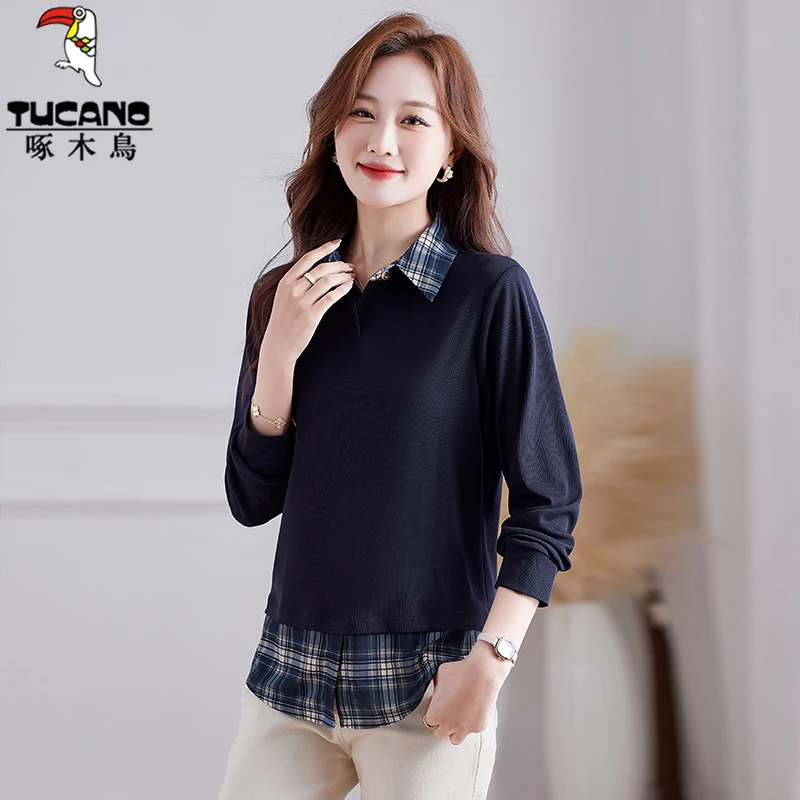 【正品】啄木鸟加绒假两件格子衬衫女2025春秋款设计感拼接长袖上衣