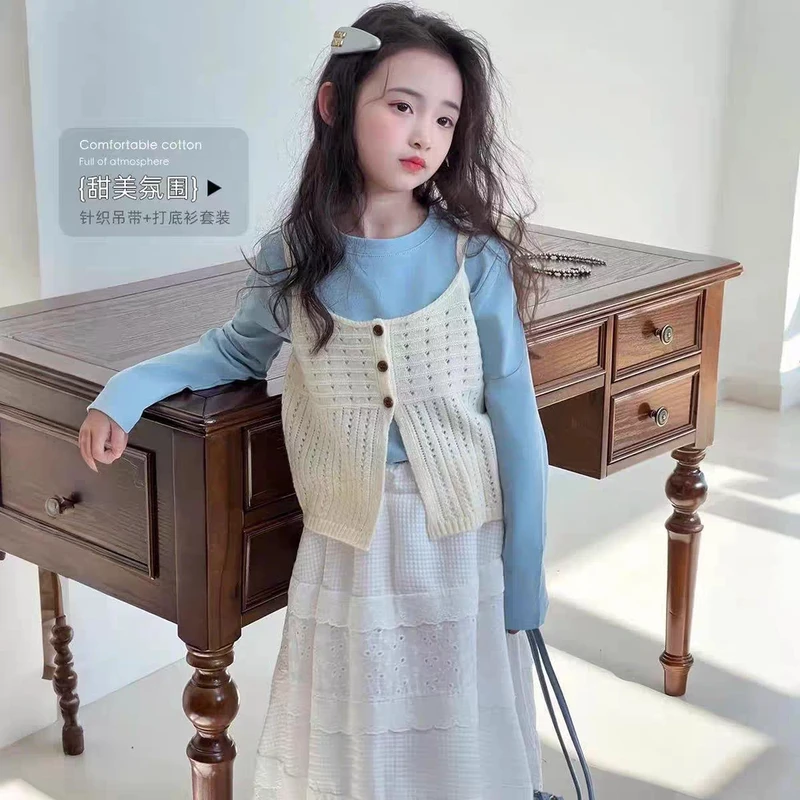 女童套装2025春季新款儿童爆款针织背心洋气马甲打底衫叠穿两件套