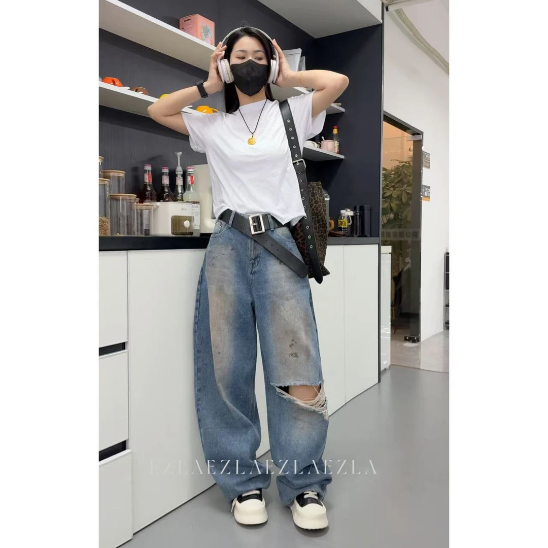 EZ8933-[脏脏破洞]夏季设计款时尚高级美式弯刀堆堆裤