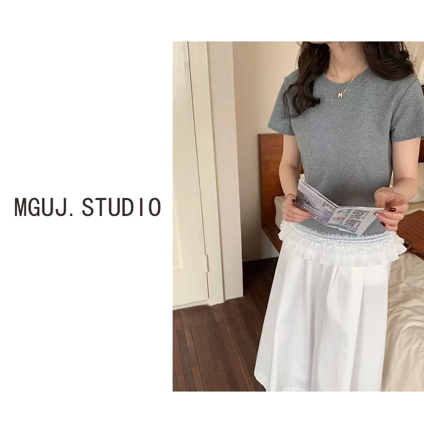 MGuJI-【沪上小姐】韩系简约蕾丝花边底T恤短袖S2537