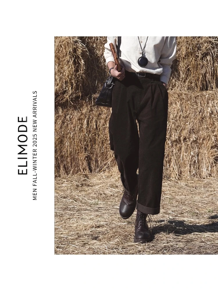 ELI【乌兰山下】秋冬日系纯棉条纹松弛感摩卡灯芯绒直筒休闲长裤男