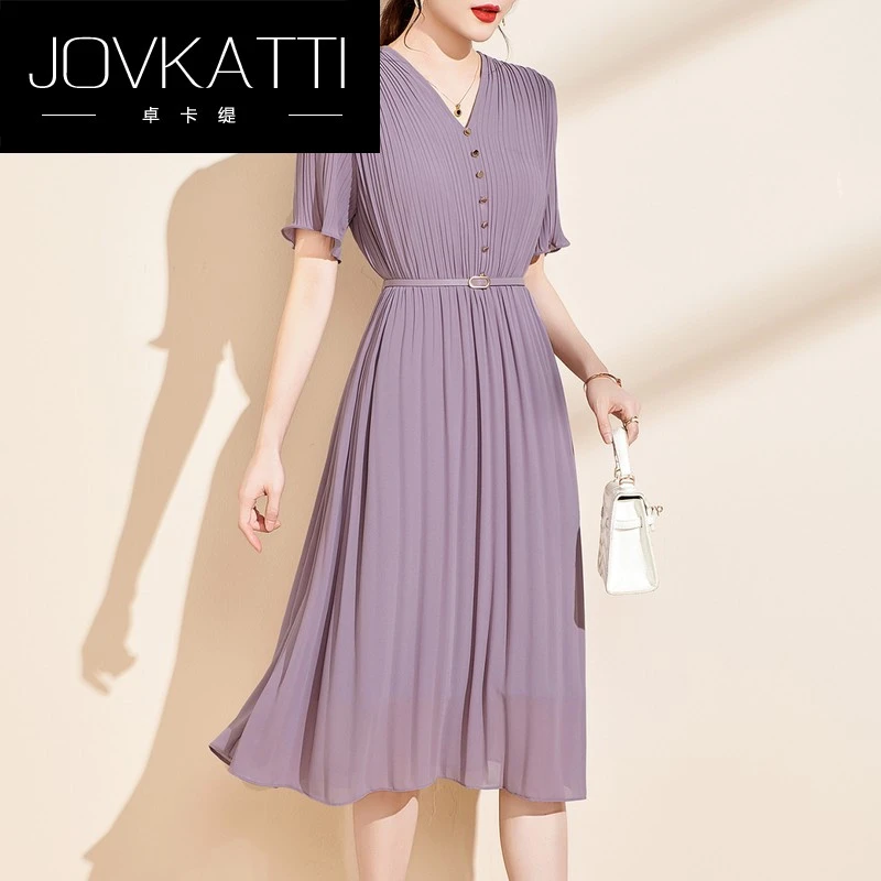 名媛优雅时尚气质短袖连衣裙V领2025新款夏高级感百褶修身显瘦a字
