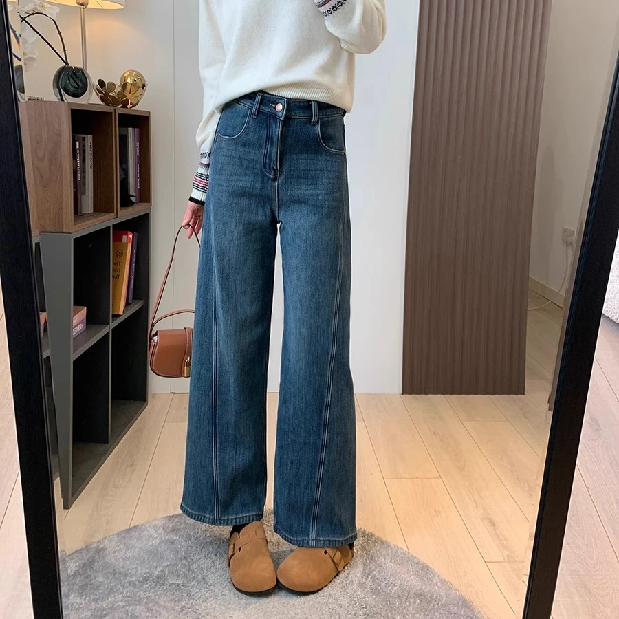 立裁分割高腰复古感阔腿牛仔裤宽松保暖微廓形直筒梨形加绒牛仔裤