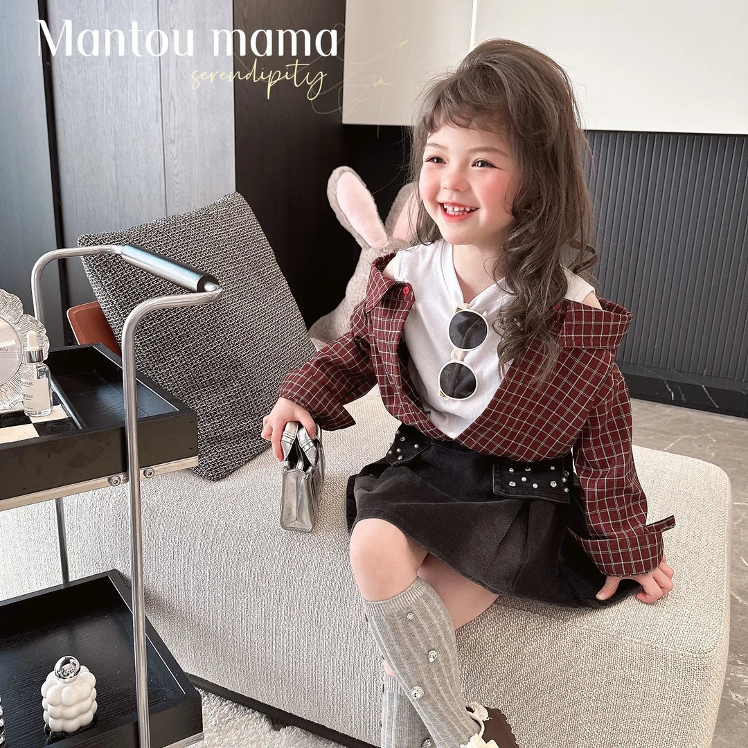 【Mt studio】【现货】假两件格子拼接无袖T春秋女童设计感精致