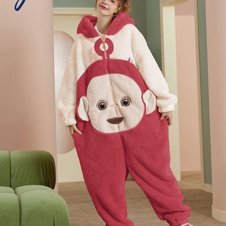 可爱天线宝宝连体冬季珊瑚新款加厚加绒睡衣卡通家居服