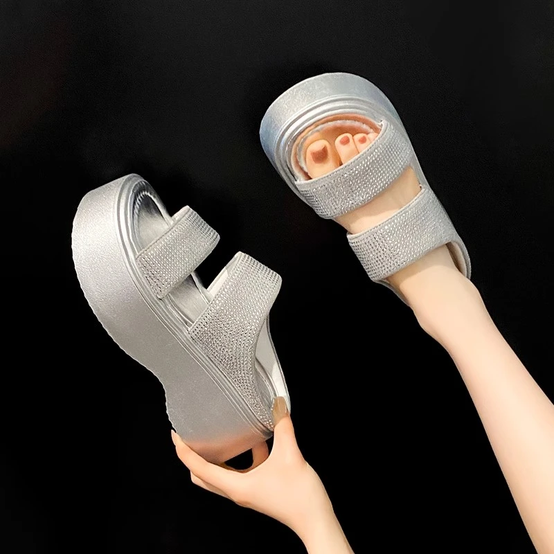 网红水钻交叉带高跟拖鞋女2025新款夏季外穿时尚一字拖厚底凉拖鞋