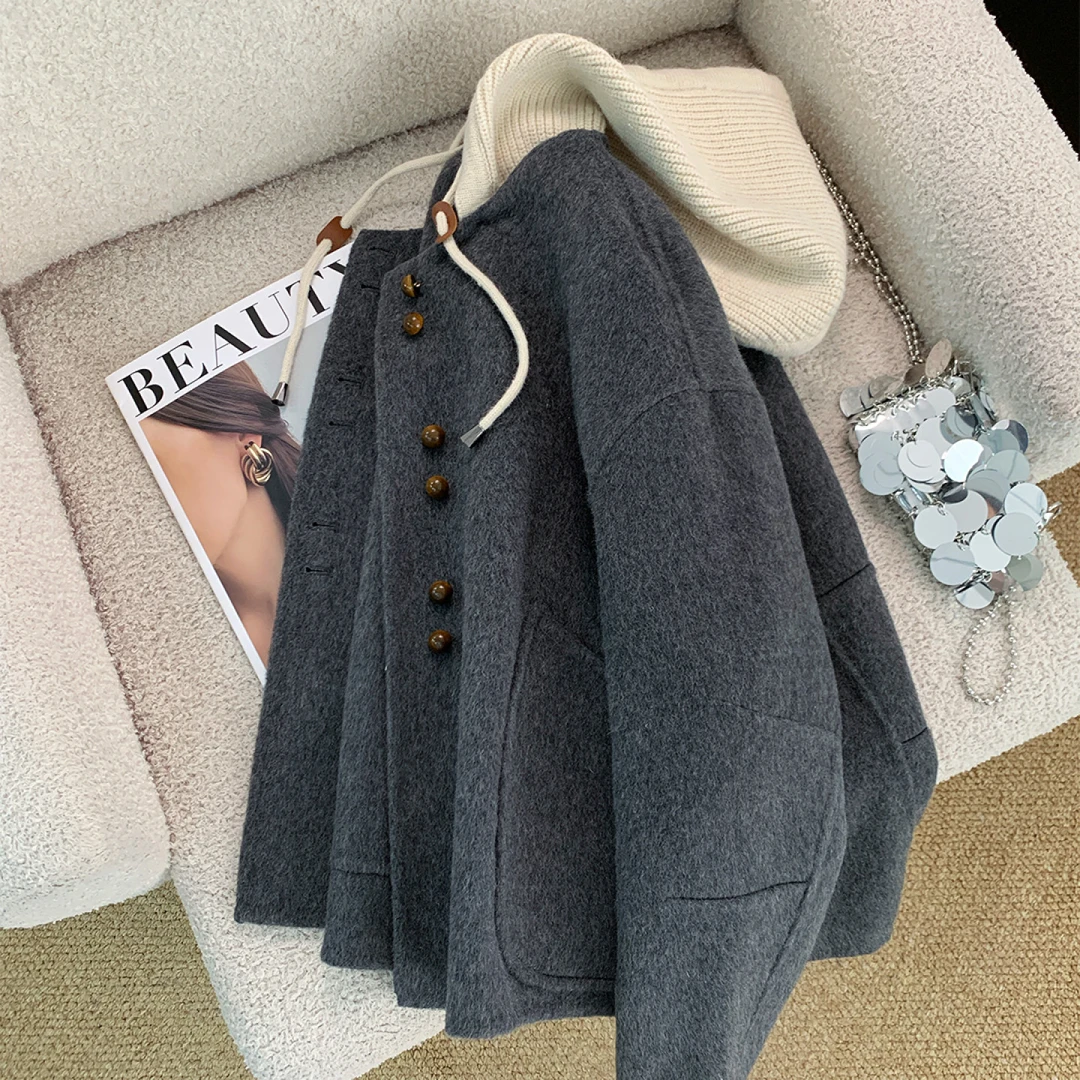 灰色拼接针织连帽毛呢外套女2025秋季新款韩系高级感短款呢子大衣