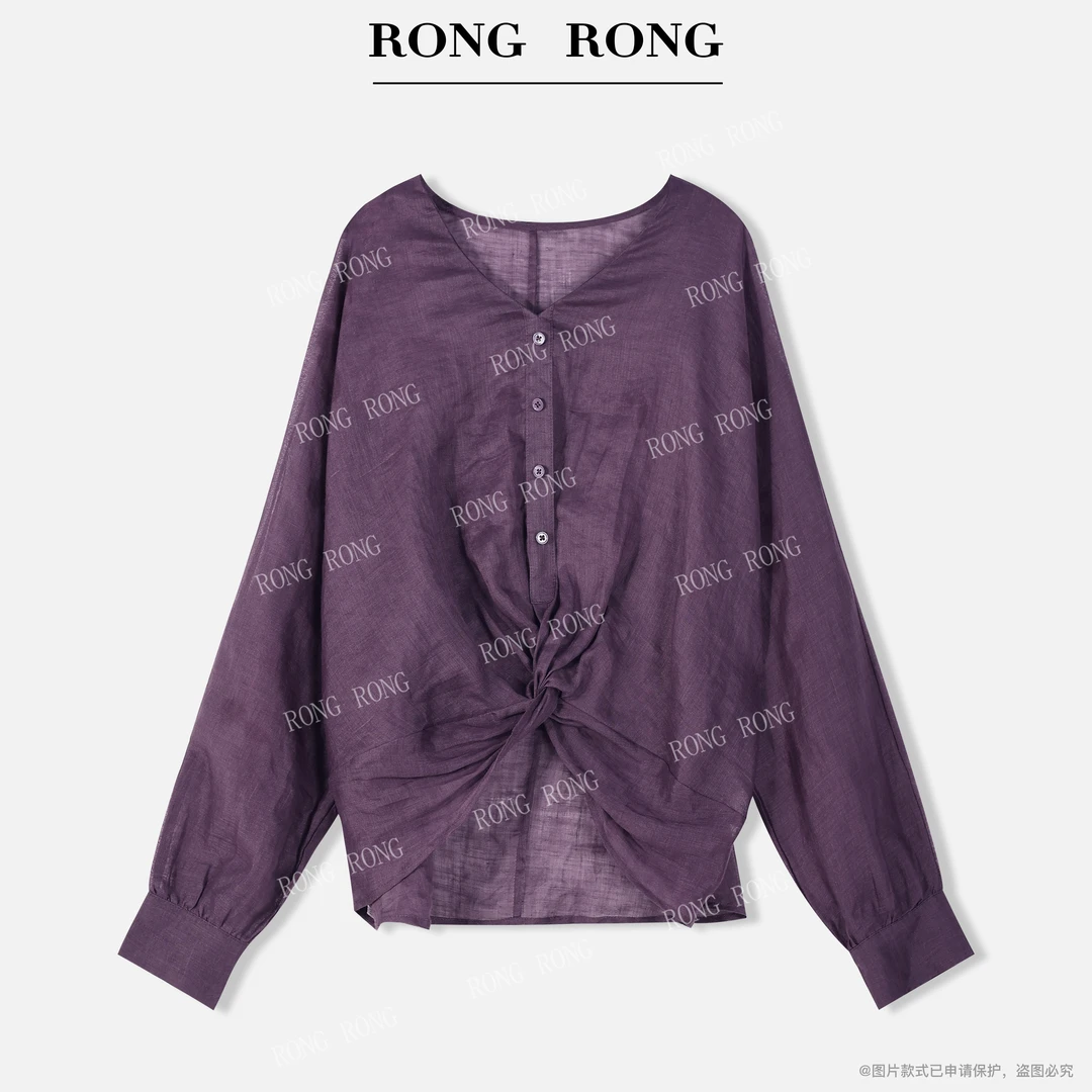 溶溶【浮夏鸢紫】RONGRONG 100苎麻V领法式复古慵懒百搭衬衣T-B0046